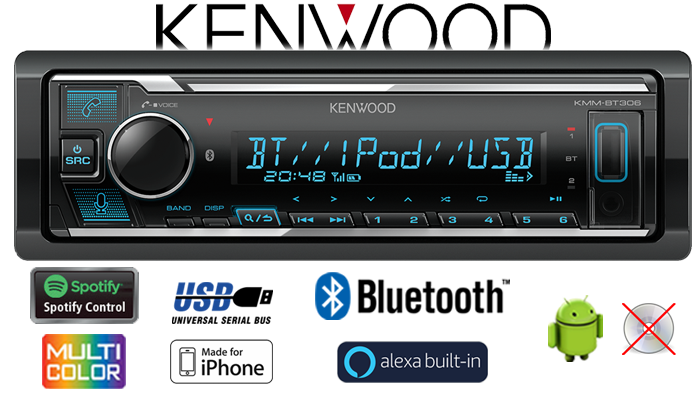 Kenwood KMM-BT306 receiver with USB, Bluetooth.