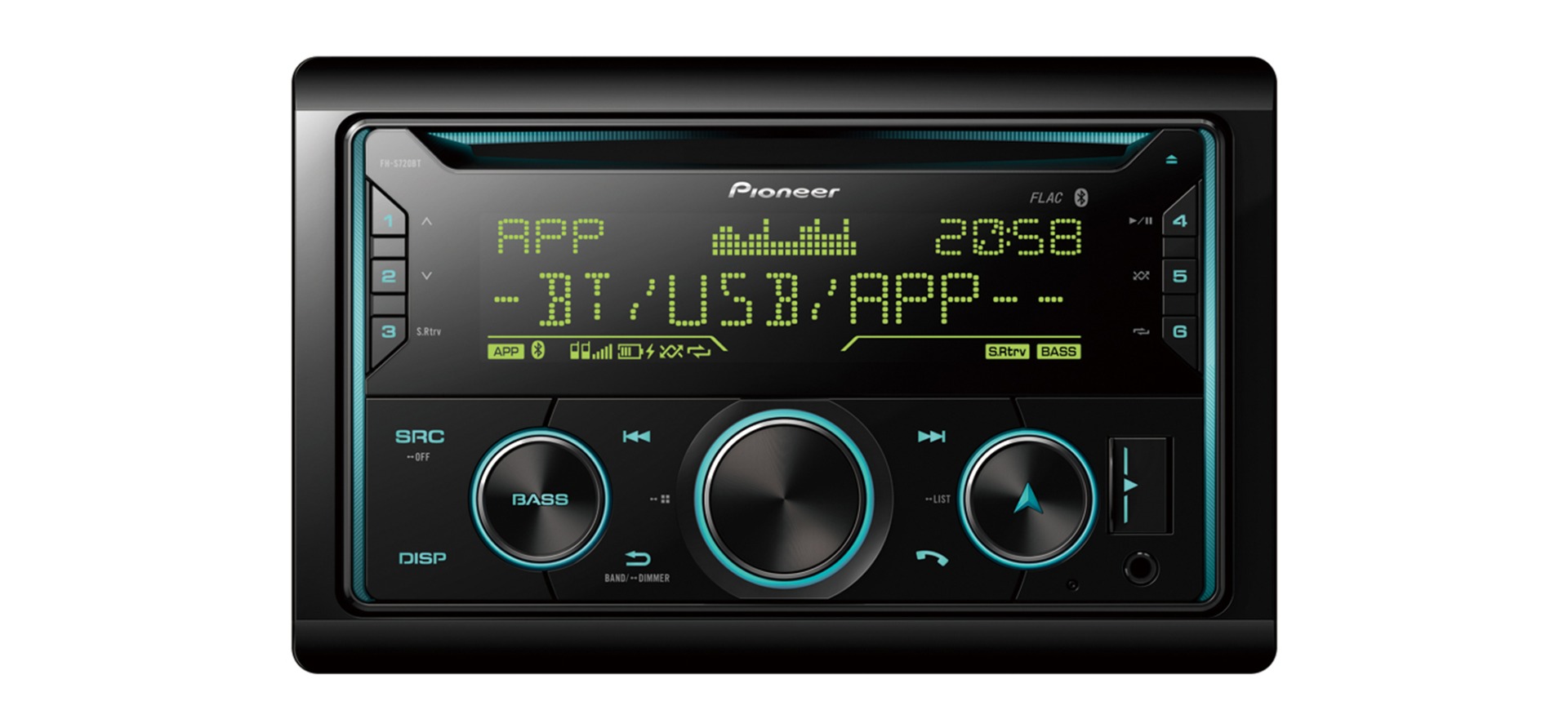 Pioneer FH-S720BT receiver with USB, CD, Bluetooth.