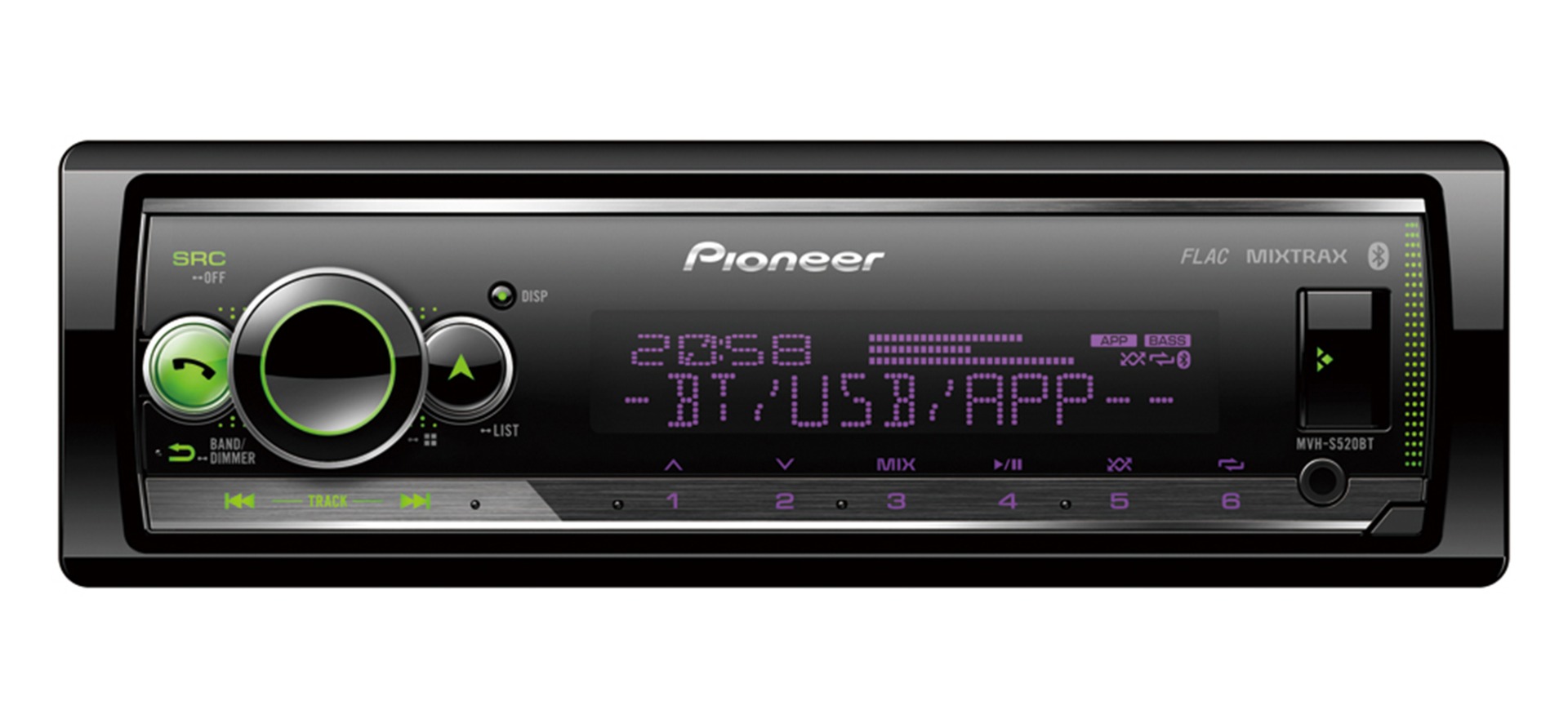 Pioneer MVH-S520BT receiver with USB, Bluetooth.